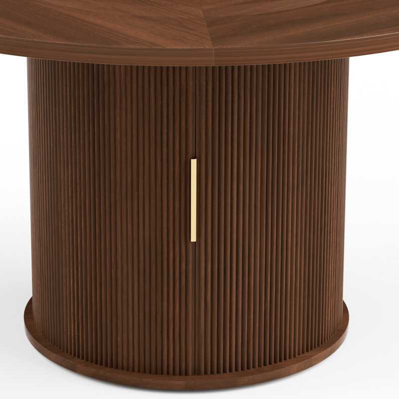 6-Person Walnut Wood Round Dining Table With A Tabletop Tray And Hidden Shelves, Brown Wood