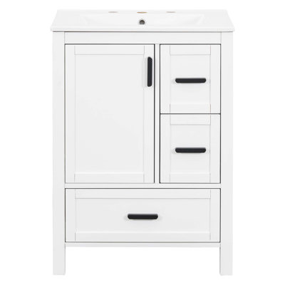 Modern 24-Inch Bathroom Vanity With Ceramic Sink, Soft-Close Door, Double-Layer Door Shelf, And 3 Drawers