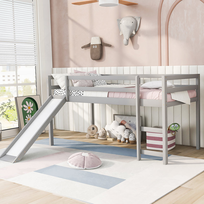 Lit mezzanine avec design multifonctionnel coulissant, Gris, Simple