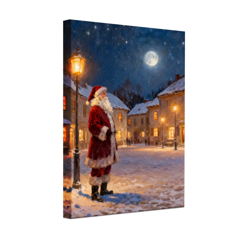 Père Noël de Noël debout dans une ville enneigée la nuit