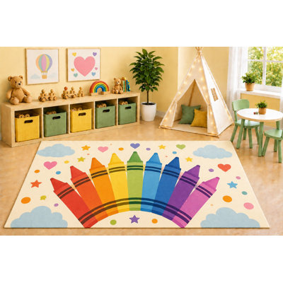 "Ultra Lightweight" 5'x7' Rainbow Crayons Area Rug, Colorful Art School Learning Kids Playroom Classroom Nursery Bedroom Rug, Non-Slip Silicone Backing Low Pile