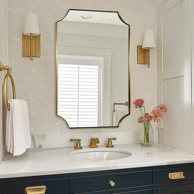 Tariro Contemporary Notched Corner Scalloped Rectangle Bathroom Vanity Mirror | Stainless Steel Frame