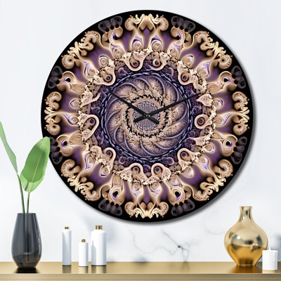 Horloge murale mauve à motif fractal mandala III