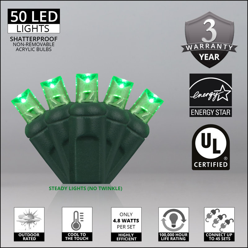 25' 50-Light Shatterproof Wide Angle LED Mini String Lights (End to End Connectable), Green