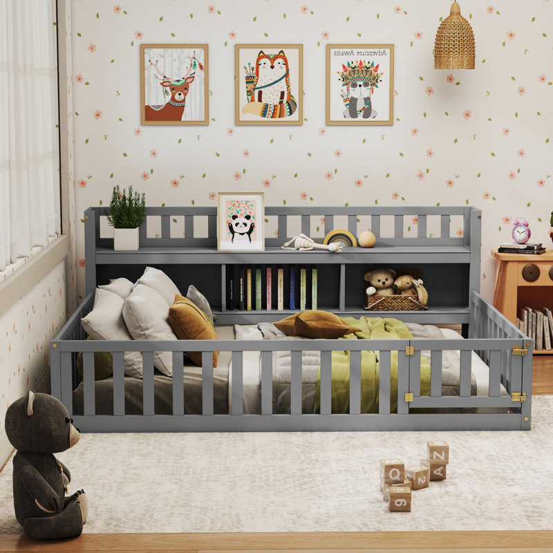 Lit sur pied avec bibliothèque et tablettes Kids Montessori, Gris, Lit double
