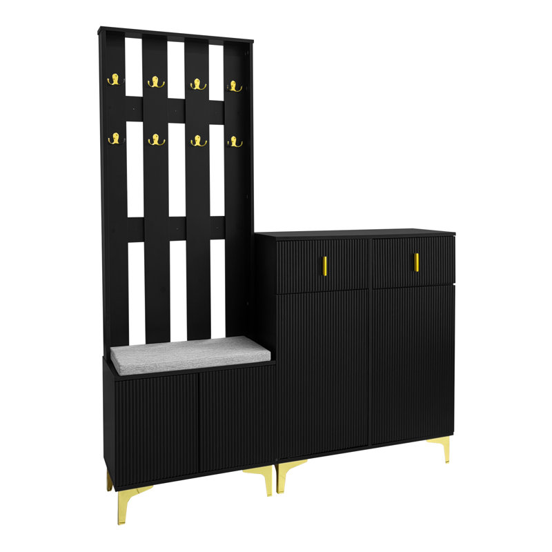 Hall Tree 144cm Wide with Bench and Shoe Storage, Black
