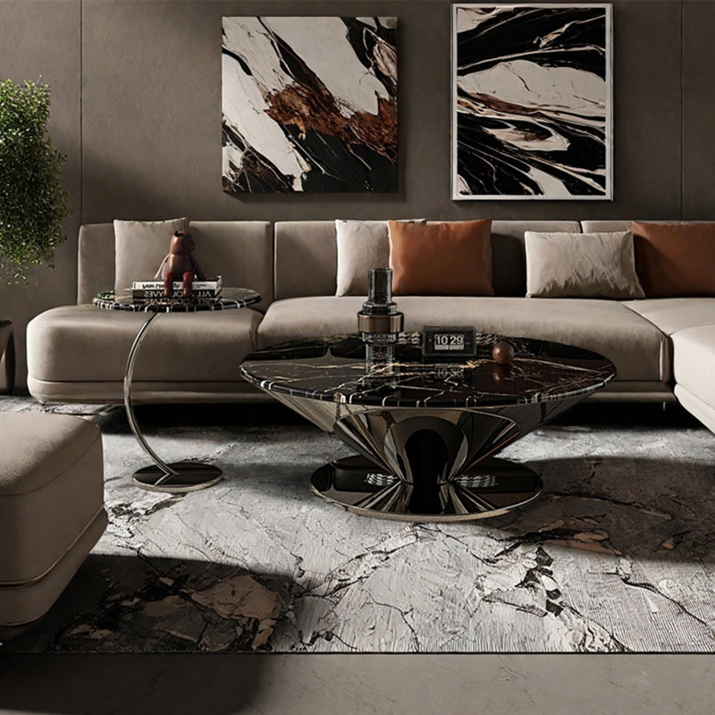 Round marble stainless steel coffee table, 15" H x 31.5" L x 31.5" W