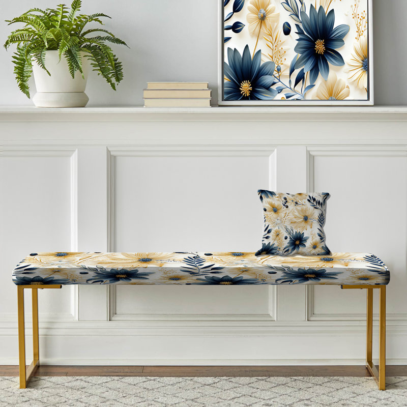 Blue And White Coastal Retreat Seashells - Floral Upholstered Gold Bench