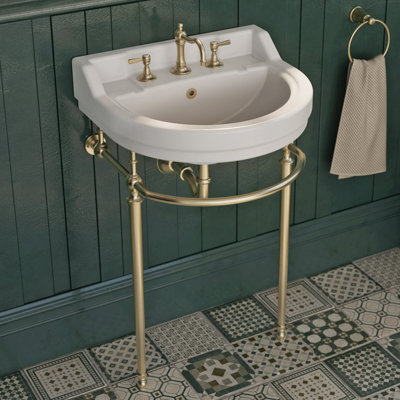 22in Console Sink With Semi-Circular Bowl, Solid Brass Leg Supports, Backsplash, Overflow and Front Towel Bar.
