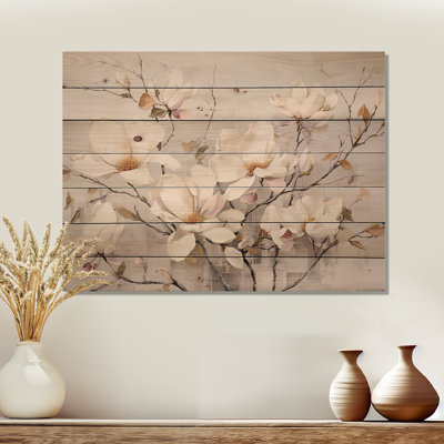 «White Elegance In Magnolias», art mural en bois de magnolia sur bois de pin naturel