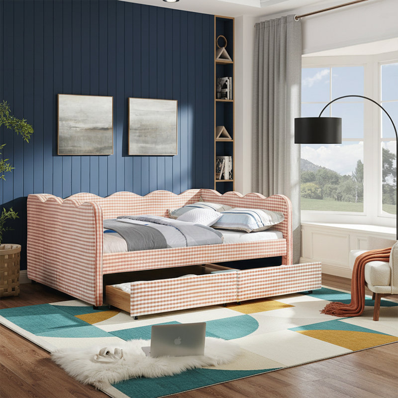 Lit de jour Cozy Gingham avec deux tiroirs de rangement, port USB et adorable tissu en forme de vague, Lit double, Rose