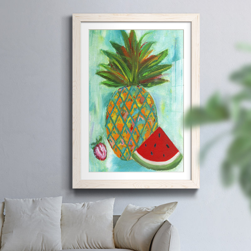 Ananas et melon d'eau II - reproduction de peinture sur papier encadrée, H 44 po x l 31 po x P 1 po, Papier encadré blanc