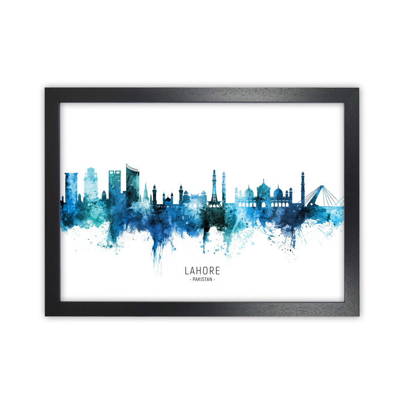 Lahore Pakistan Skyline Blue City Name by Michael Tompsett - Print, 25cm H x 34cm W x 3cm D, Black Framed