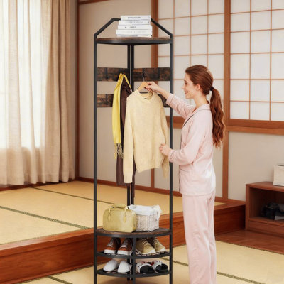 Coat Rack Corner Hall Tree, Industrial 4-Tier Coat Rack with Shoe Storage, 8 Movable Hooks and 2 Shelves