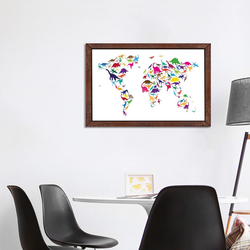 Dinosaur Map Of The World Map II by Michael Tompsett - Print on Canvas, Brown Framed, 152.5 cm H x 101.5 cm W