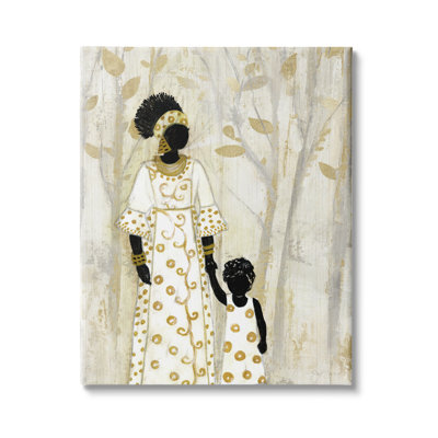 "Mère et enfant tenant la main dans la forêt d'arbres neutres" par Tava Studios - Impression sur toile non encadrée
