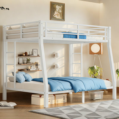 Metal Full Xl Over Queen Bunk Bed For Teens And Adults,heavy Duty Metal Bunk Bed Frame With 2 Safety Ladders And Full-length Guardrails And Sturdy Slats, Space-saving/noise Reduced,white