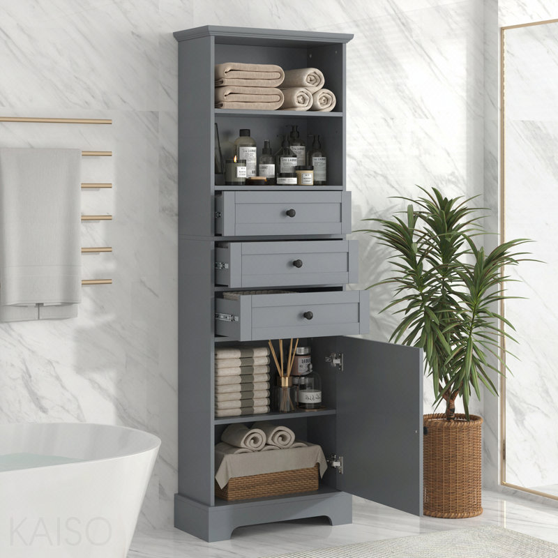 Tall Storage Cabinet With 3-Drawers And Adjustable Shelves For Bathroom, Study, Office And Interior, MDF Board With Painted Finish