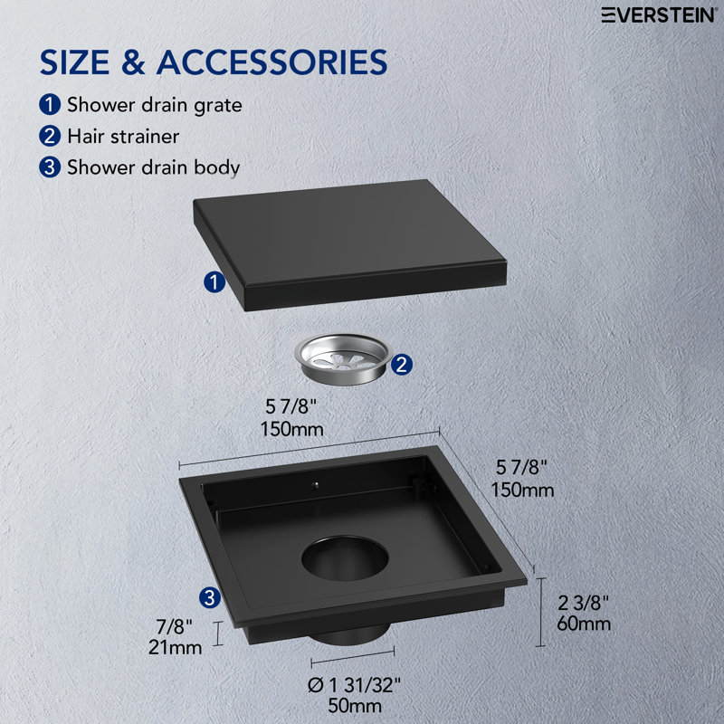 6-Inch Square Shower Drain, Matte Black