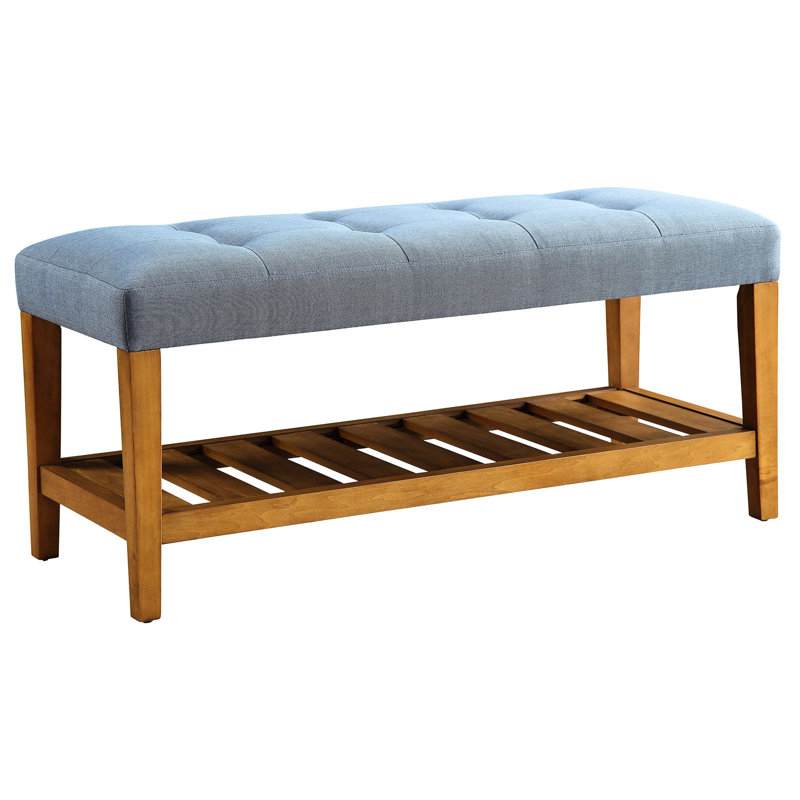 Banc bleu élégant avec siège intemporel et étagère de rangement au fini chêne