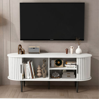 Meuble télé, console de télévision moderne de 47 po avec compartiment de rangement et porte coulissante, centre de divertissement pour jeux vidéo avec armoire pour salon, chambre à coucher, bureau