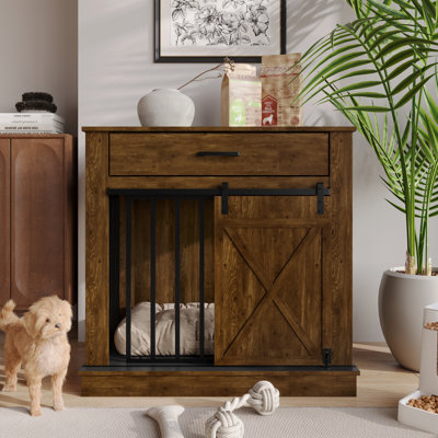 PET CRATE WITH DRAWER IN BROWN