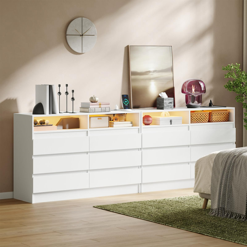 6 Drawer Dresser with Charging Station & LED Lights, Modern Chest with Power Outlets for Bedroom, White