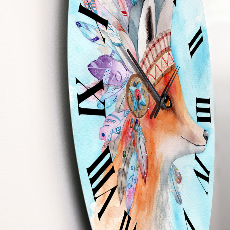 Horloge murale - Renard roux avec couronne de plumes tribales - Americana, Moyen