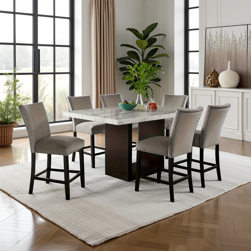 Ensemble de salle à manger 7 pièces à hauteur de comptoir - table en marbre véritable blanc + 6 chaises hautes en flanelle gris clair