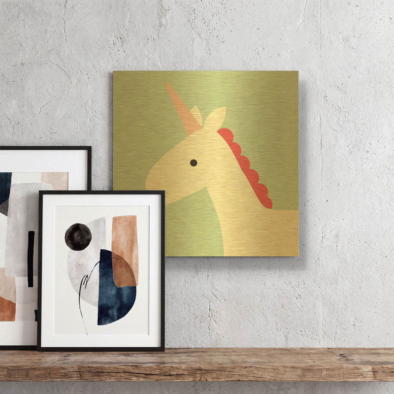 « Licorne » par Ann Kelle, tableau mural en métal doré, 30,5 x 30,5 cm, 12 po x 12 po