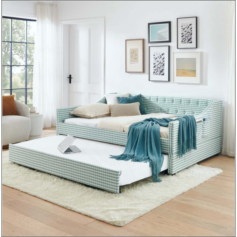Lit de jour, lit de jour convertible rembourré avec dossier capitonné, canapé-lit polyvalent 3 en 1 avec lit gigogne escamotable et rangement latéral, parfait pour une vie compacte