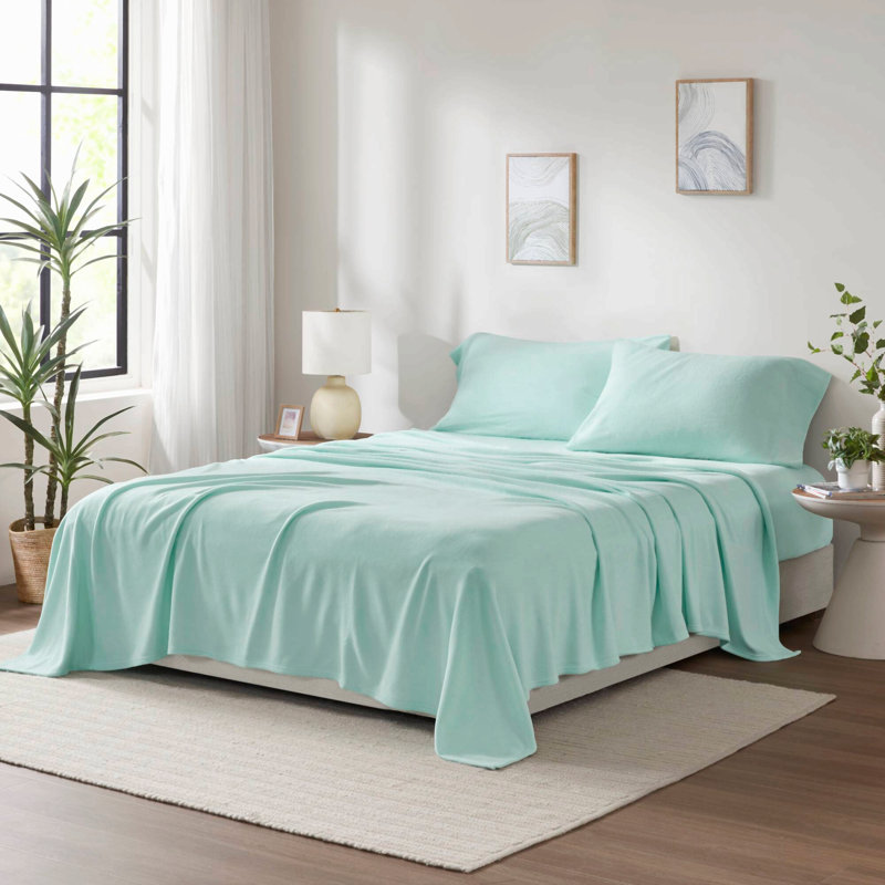 4 Piece Microfiber Printed Solid Sheet Set Aqua Full, Full / Double Sheet Set + 2 Pillowcases