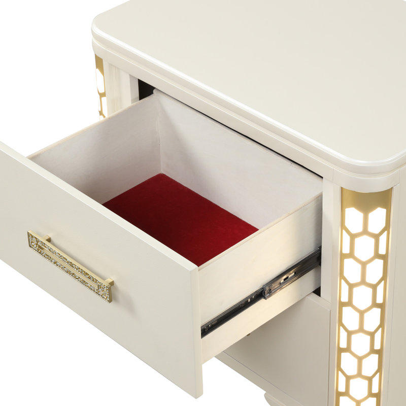 Table de chevet en bois beige avec 2 tiroirs, éclairage latéral à DEL et poignées dorées captivantes
