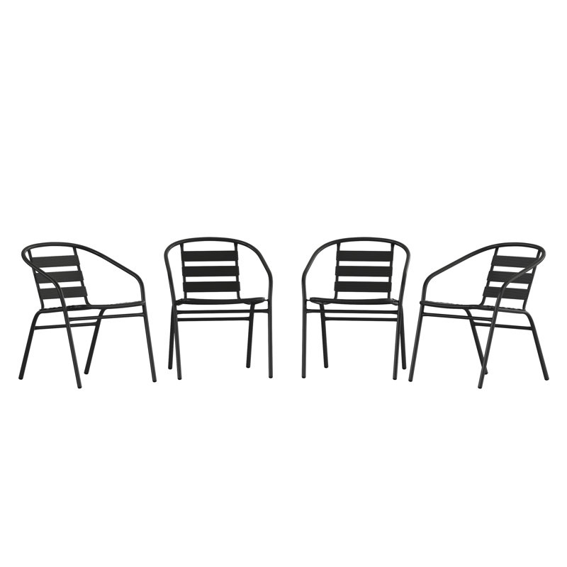 Chaises de patio empilables modernes en aluminium à dossier à lattes Chrisoula, Silver Frame/ Black Slats