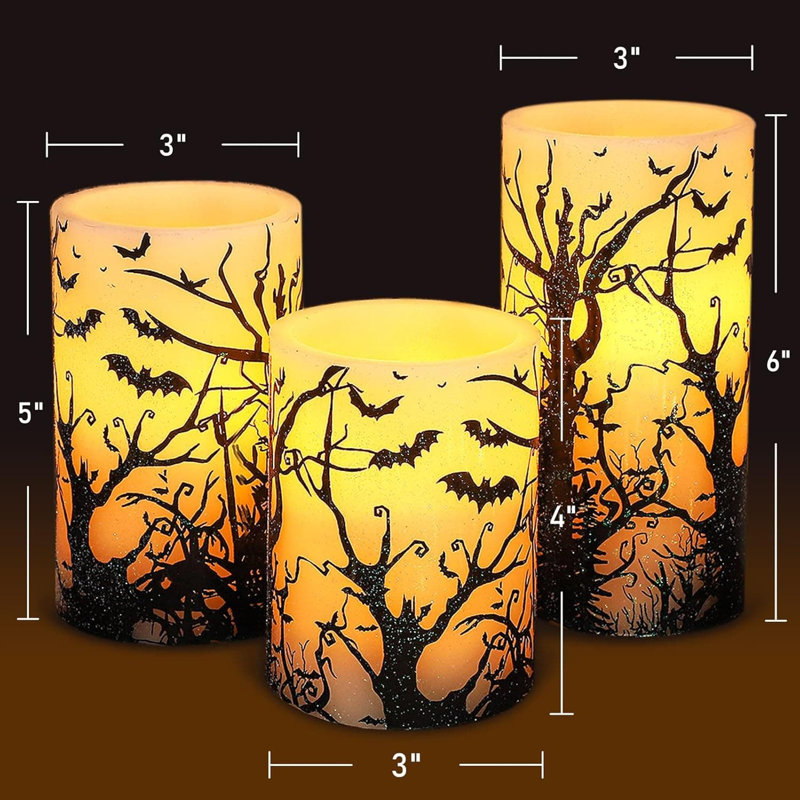 Flameless Candles:Set of 3, Black with Spooky Bats Decal, Flickering Real Wax LED Pillar, Battery-Operated with Remote