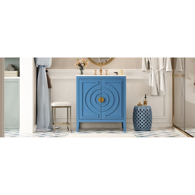 Meuble-lavabo de 30 po de style Mid-Century, 2 grandes portes à fermeture douce, rangement, 1 tiroir, tablette ajustable, bois massif et rails coulissants lisses, armoire de rangement rétro de couleur bleue avec lavabo, 30