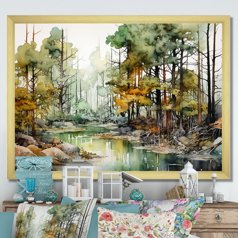 Paysage de forêt à l'encre alcoolisée sur toile, Cadre doré simple, H 12 po x l 20 po x P 1 po