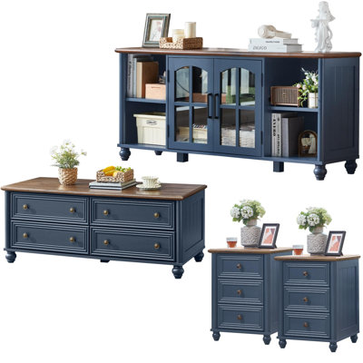 Farmhouse 4-Piece Living Room Furniture Set with TV Stand, Coffee Table and Nightstand, With Storage and Charging Station for Bedroom and Living Room