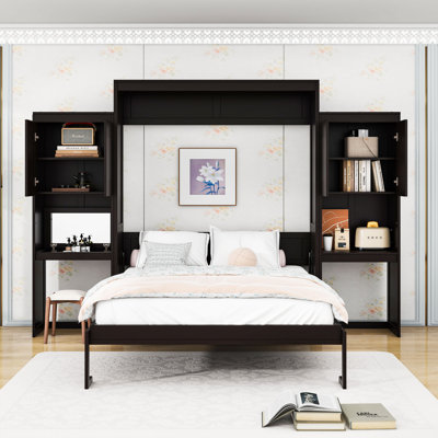 Queen Wooden Murphy Bed with Storage Shelves, Cabinets and Slats