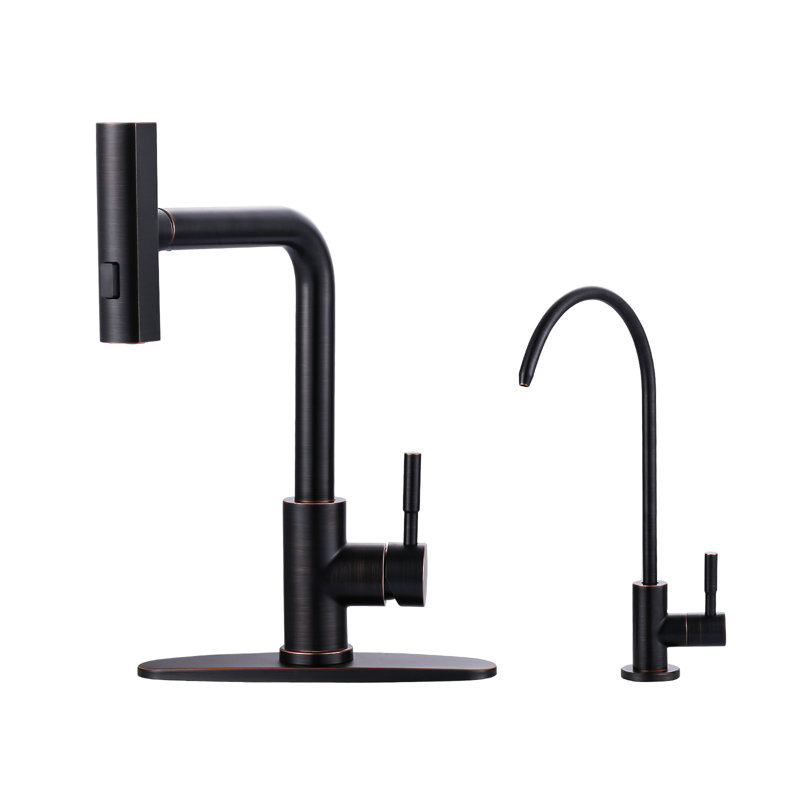15.7 In Single Handle 360 Degree Spout Swivel Pull Out Sprayer Kitchen Faucet With Water Filter In Oil Rubbed Bronze