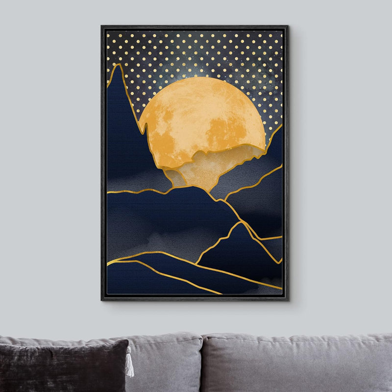 Soleil et lune, or, pleine lune, sur des chaînes de montagnes foncées, paysage abstrait, illustrations, rustique moderne