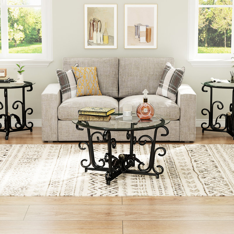 , 3 tables basses, bords arrondis, pieds réglables, surfaces inégales de style classique, verre trempé, acier noir, espaces principaux