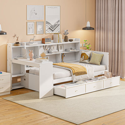 Lit de jour en bois avec 3 tiroirs, ports USB et bureau Nythor
