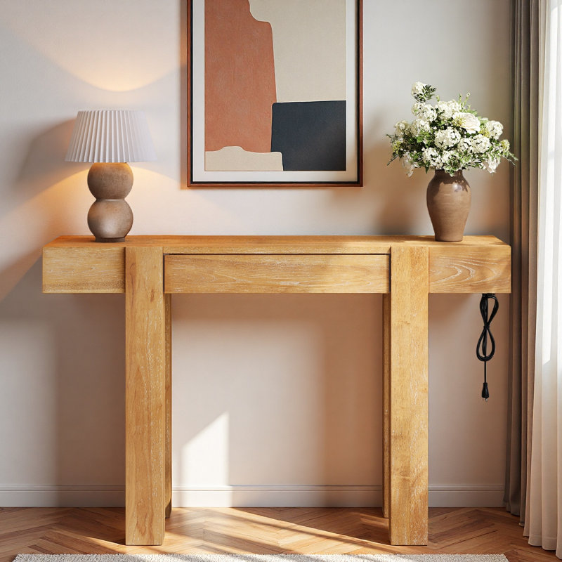 Console minimaliste avec tiroir caché et prise de courant latérale, Naturel