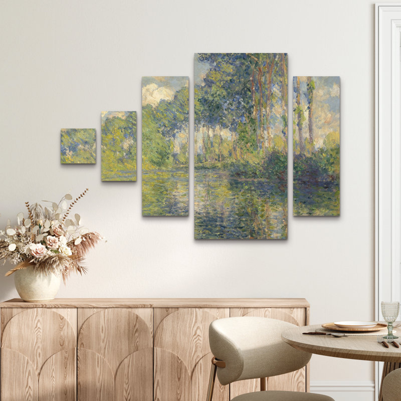 Ensemble de 5 panneaux d'art mural - Monet «Poplars On The Epte», art mural sur toile pour le salon, la chambre à coucher ou le bureau 