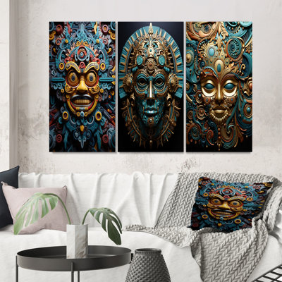 «Gold Teal Mexico Vibrant Aztec Mask», 3 pièces sur toile