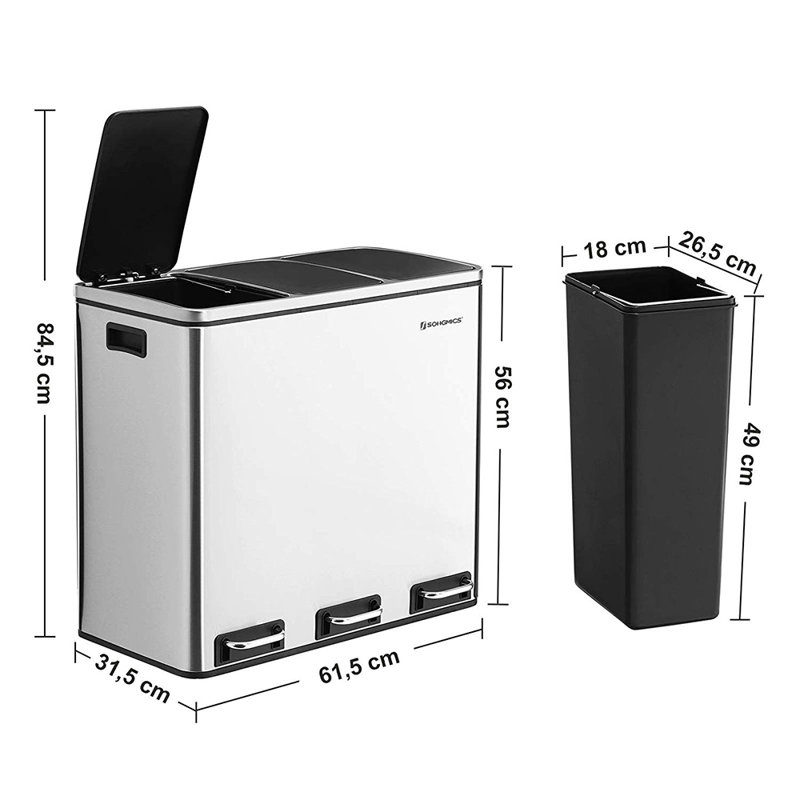 Ecology Steel Step On Multi-Compartment Rubbish & Recycling Bin - 54L