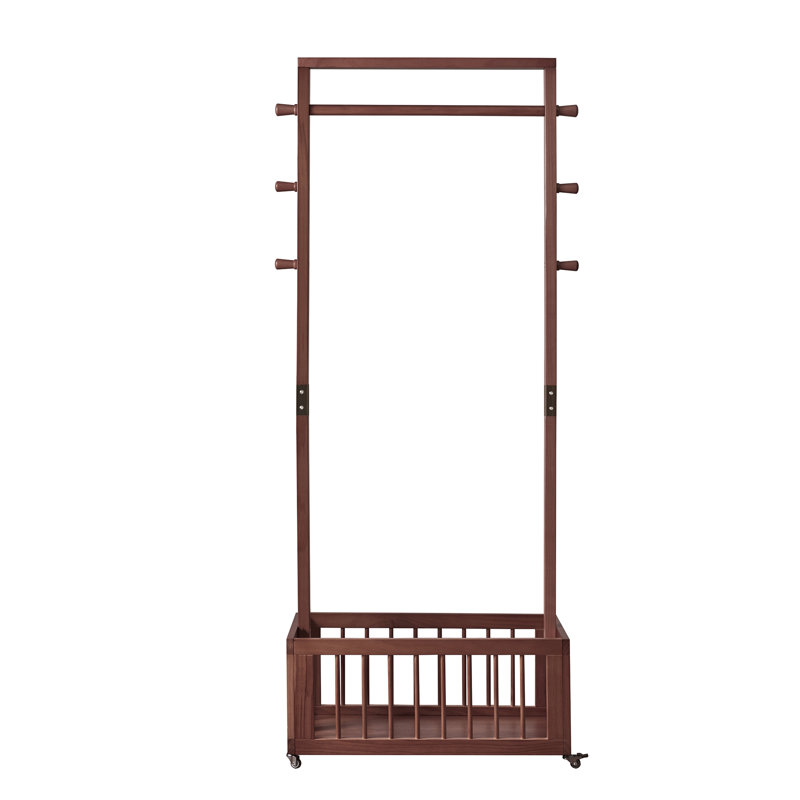 Portemanteau autoportant en bois massif avec roulettes et panier de rangement, Walnut
