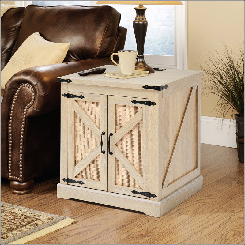 Table de bout Farmhouse, table basse rectangulaire en bois de rotin tissé PE, style bohème moderne de 24 pouces avec rangement, idéale pour les petits espaces et les décors