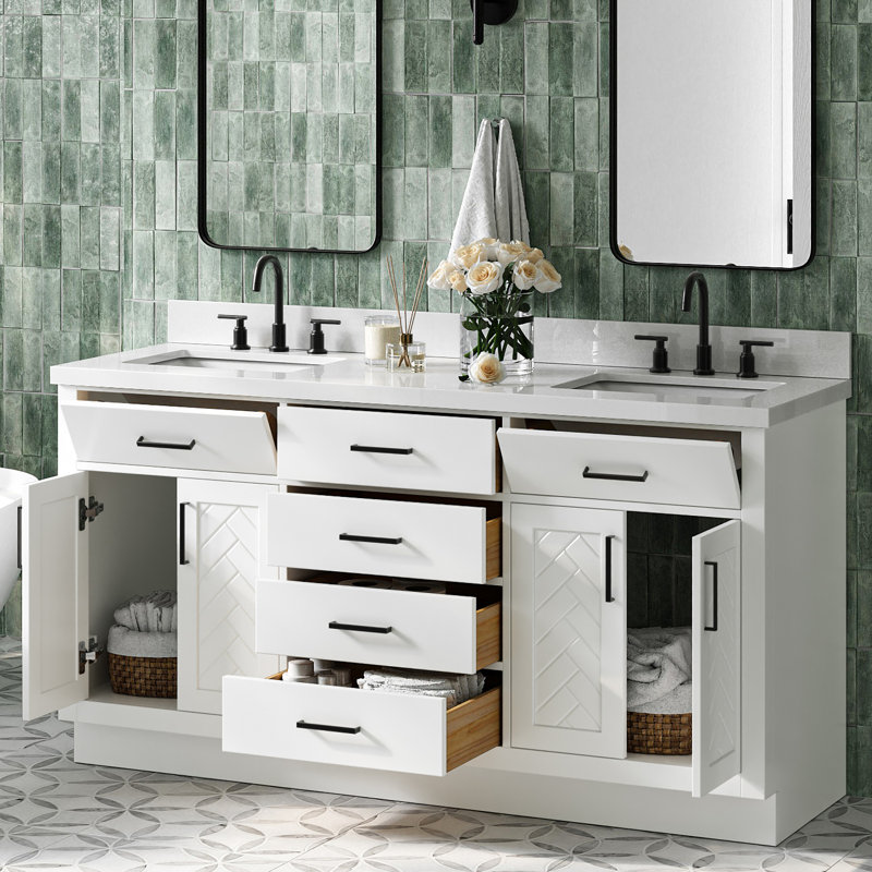 Meuble-lavabo double rectangulaire 67 po avec comptoir en quartz blanc pur Chevron, Rectangulaire, Blanc